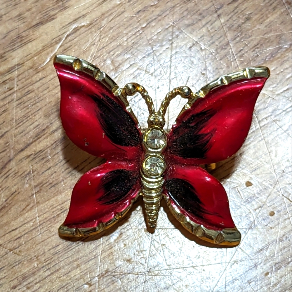 Red Enamel Clear Rhinestone Butterfly Brooch Pin Small Vintage Winged Insect
